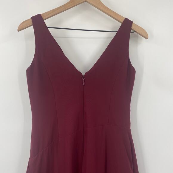 Azazie Empire Waist Gown Draped Front Mesh Overlay Maxi V Neck Burgundy Womens 8 - Picture 5 of 10